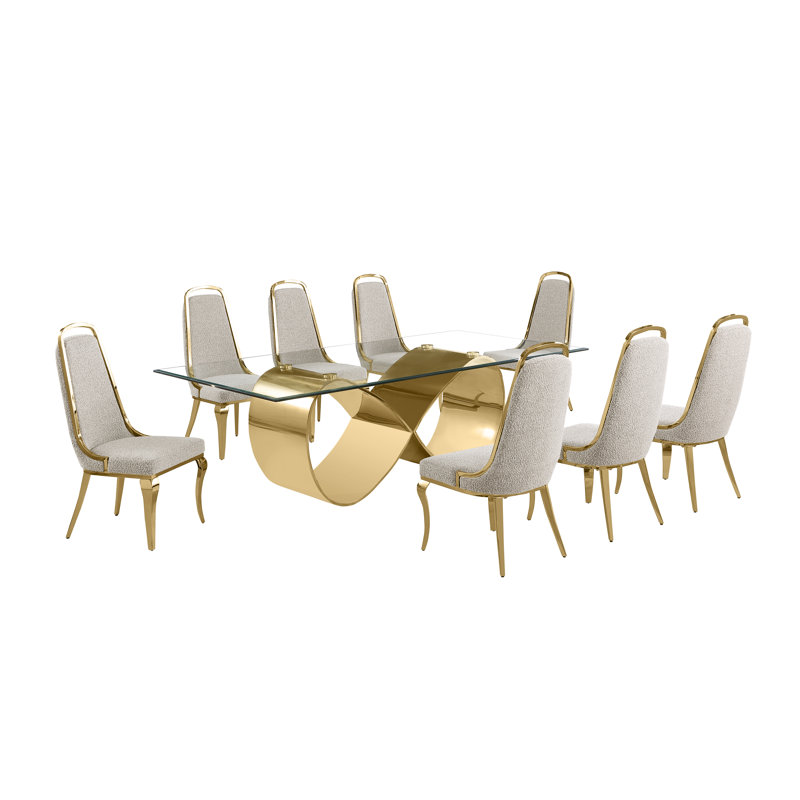 Luxurious Gold Stainless Steel and Clear Glass Dining Set with Gray Boucle Fabric Chairs