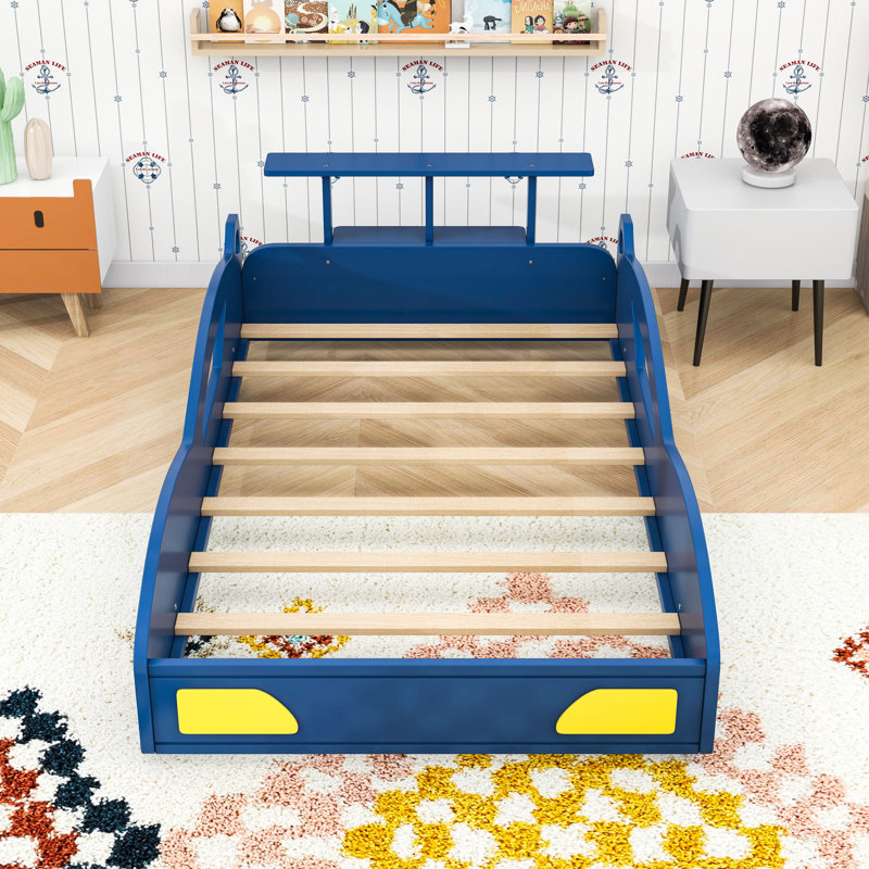 Twin Car-Shaped Platform Bed With Slats, Blue Yellow