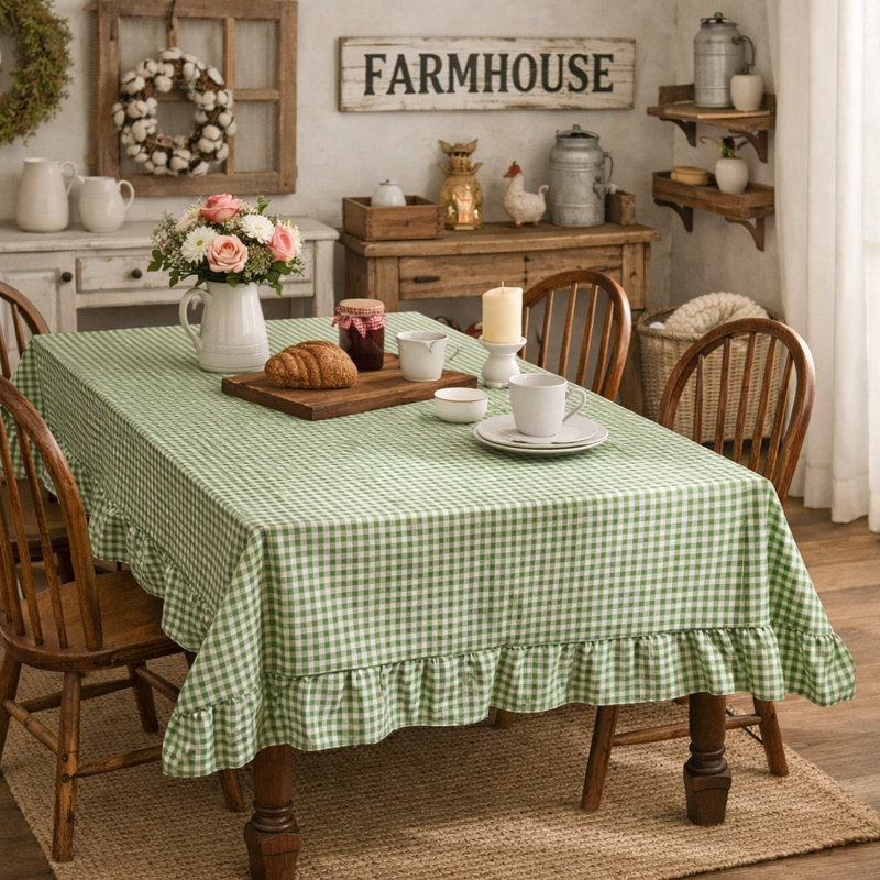 Farmhouse Gren Gingham Ruffled Tablecloth, Cottage Plaid Dining Table Cover With Ruffle Edge 56" X 72", 72" L x 56" W, Green