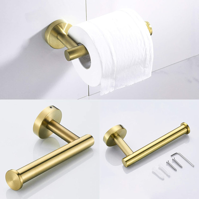 Gold Bathroom Hardware 3 - Sus304 Stainless Steel. Rustproof Bath Accessories. Towel Bar, Toilet Paper Holder, Robe Hook. Modern Round Shape With Scratch- Finish. Easy Installation Included Mounting