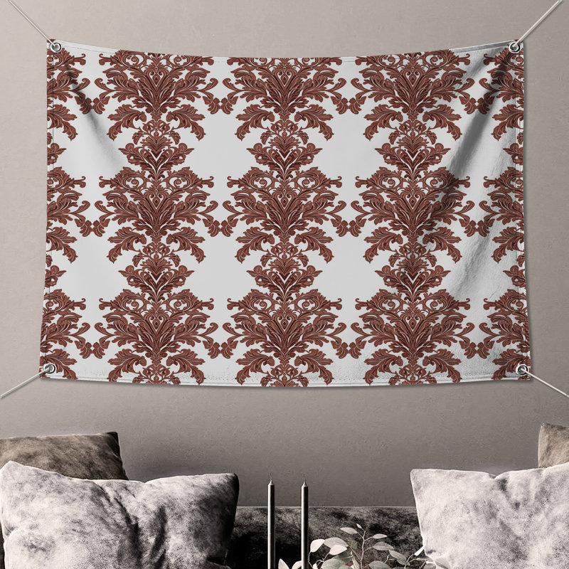 Tapisserie murale brune à motif damassé - Décoration murale damassé, H 104 po x 88 avec 4 œillets