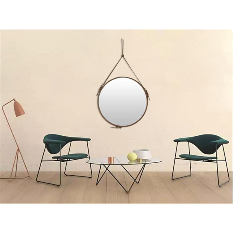Zilda Leather Frame Round Wall Mirror, Brown