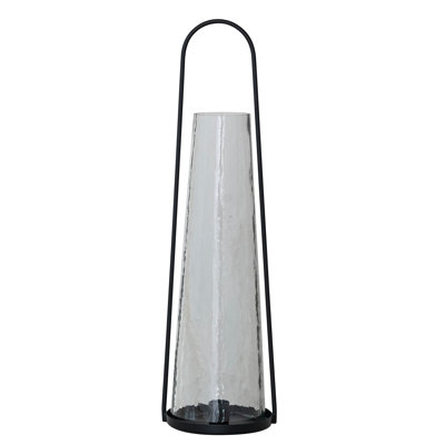 Round Metal Lantern Taper Holder With Hammered Glass Hurricane