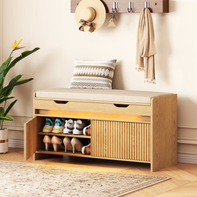 39.4In Fluted Flip top Shoe Bench with Cushioned Seat and LED Light