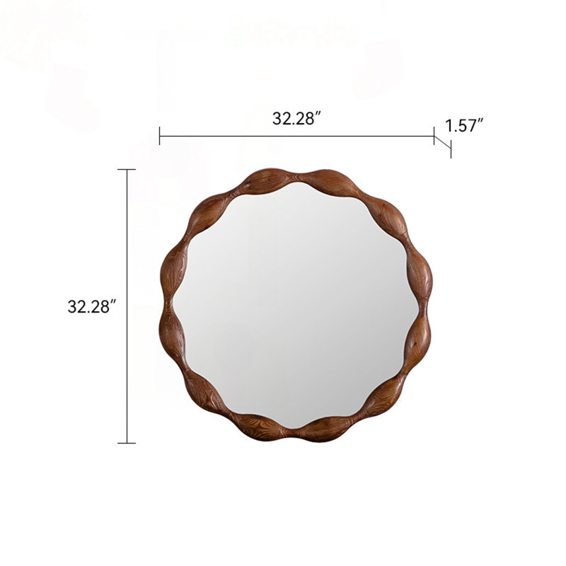Miroir rond en bois massif 32,28 pouces avec cadre ondulé