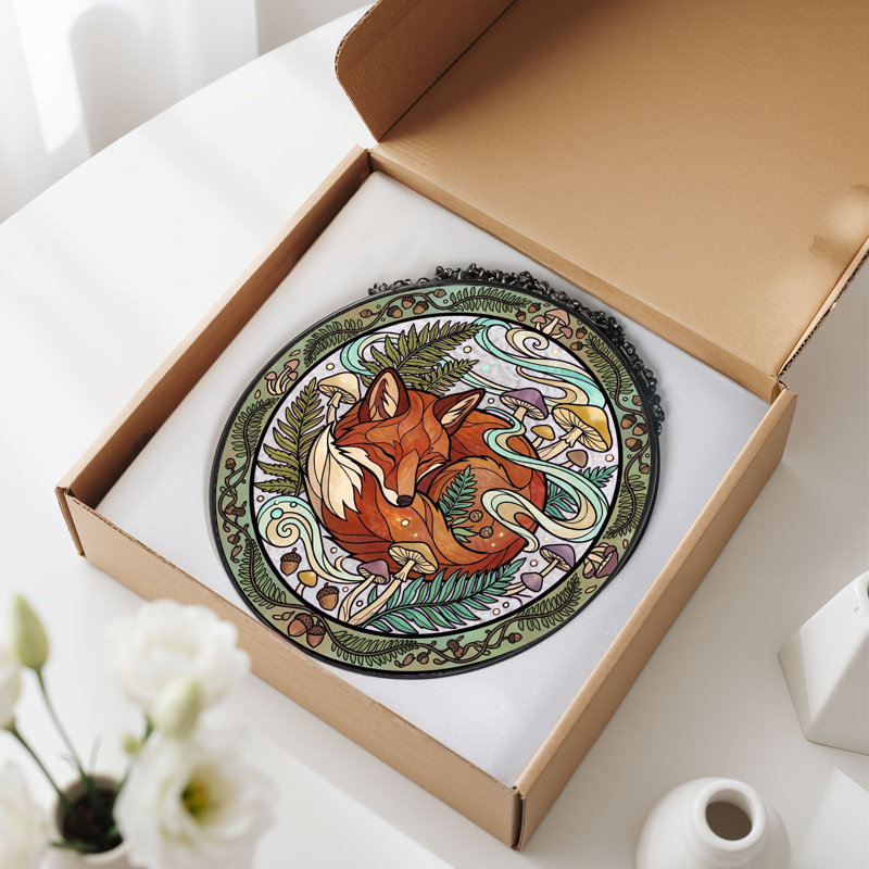 Panneau de vitrail en verre coloré Sleeping Fox, 7,8 heures, H 7,8 po