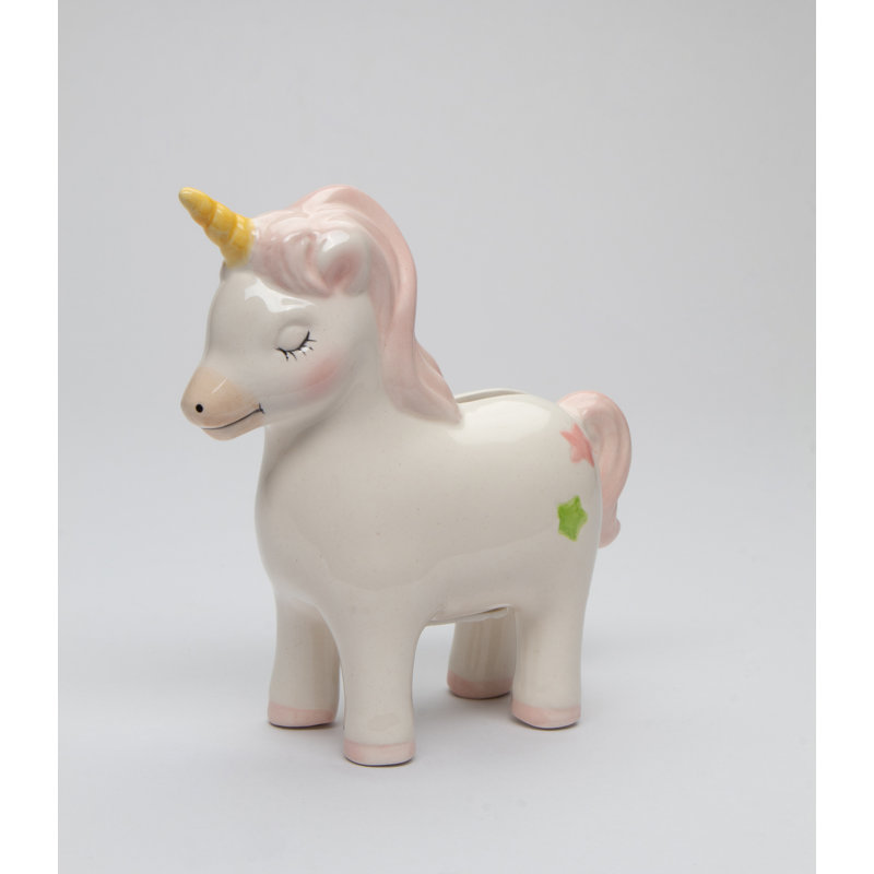 Small Unicorn Money Bank - 5 1/4"H, Pink/White