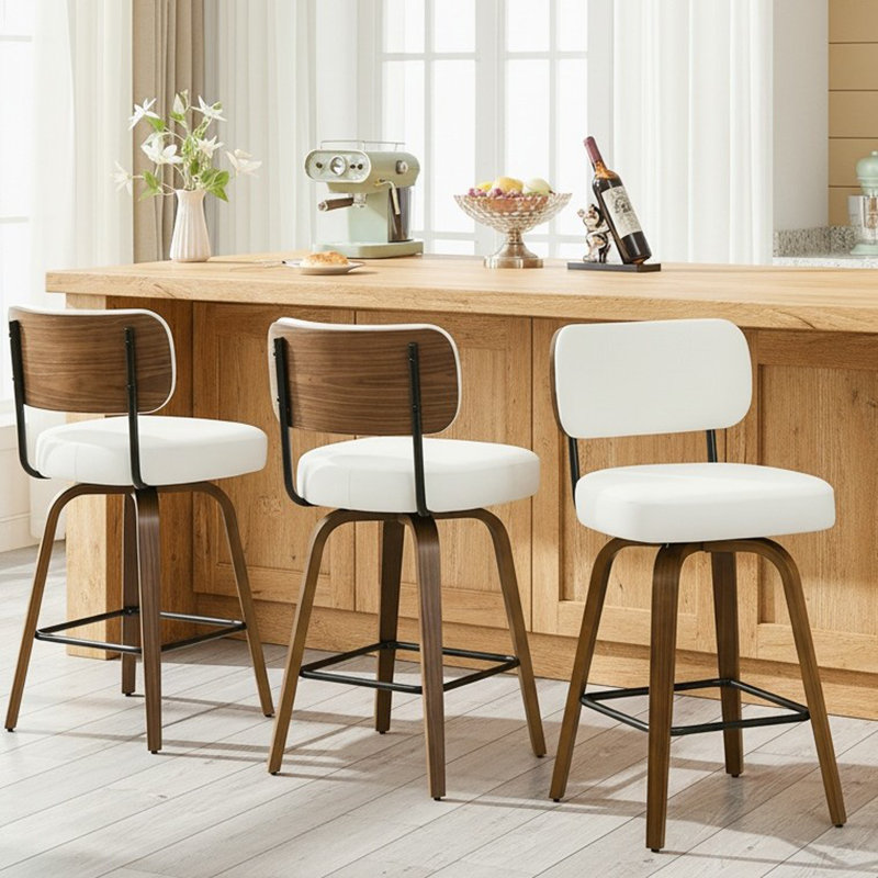 26" Swivel Upholstered Counter Stool with Walnut-Finish Bentwood Frame, White, 3