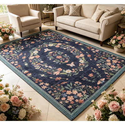 Modern Floral Machine Washable Area Rug Washable Area Rug, Low-Profile Non-Slip Backing Durable Edge Binding, Vintage Large Rugs for Living Room, Bedroom, Dining Room Blue 2*6
