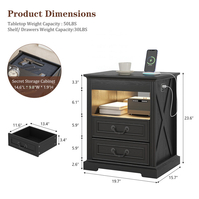 2-Drawer Nightstand With Led Light & Human Sensor, Black Willow Wood