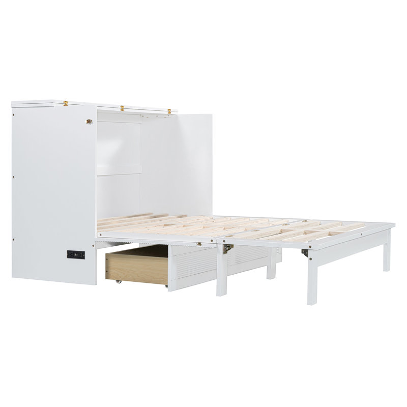 Lit escamotable avec tiroir et station de charge, Double, Blanc