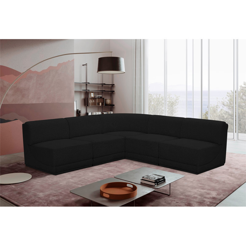 Canapé modulaire rembourré 5 pièces Ollie, Tissu bouclé noir