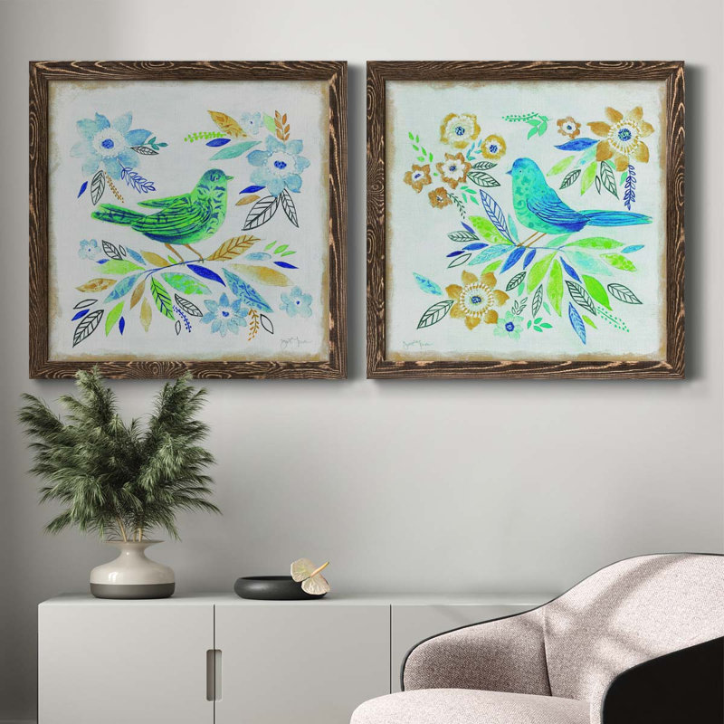 Oiseau Chanteur I - ensemble de 2 peintures sur toile encadrées, Encadré de bois de noyer, H 27,5 po x l 55 po x P 1,5 po
