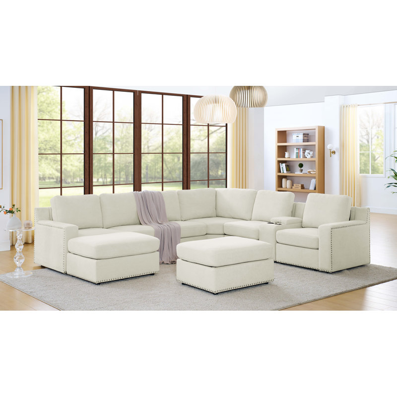Astare Upholstered L-Shaped Sectional Reversible, Beige Polyester Blend