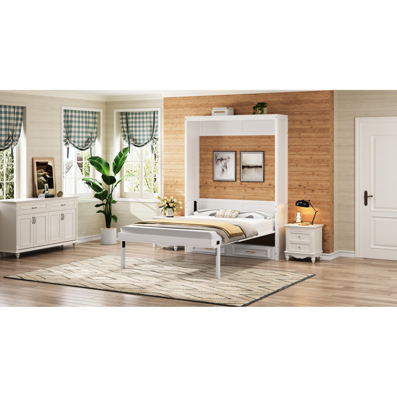 Lit double en beige avec 2 tiroirs, structure en bois de pin, pliable pour économiser de l'espace, rangement fiable, créer un petit appartement