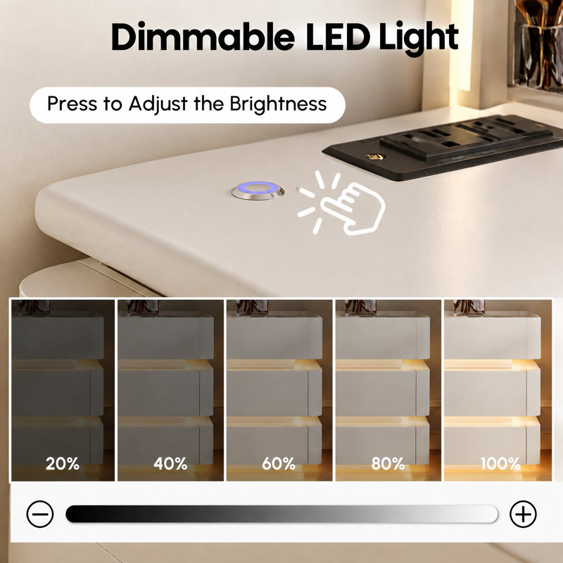 Retractable 47" Smart Dressing Table With LED Mirror, Dimmable Lights & Integrated Charging Station
