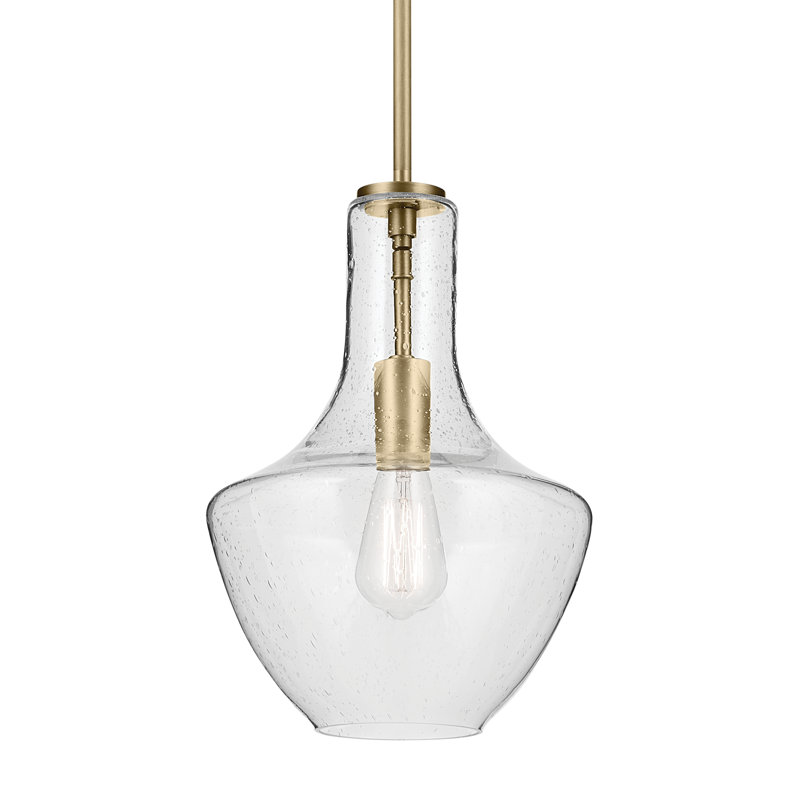 Suspension Kichler Everly en laiton naturel de 38,7 cm (15,25 po) à une lumière avec abat-jour transparent en forme de larme