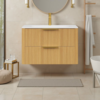Meuble-lavabo flottant moderne de 30 po avec lavabo intégré en pierre frittée, armoire en contreplaqué et 2 tiroirs à fermeture en douceur