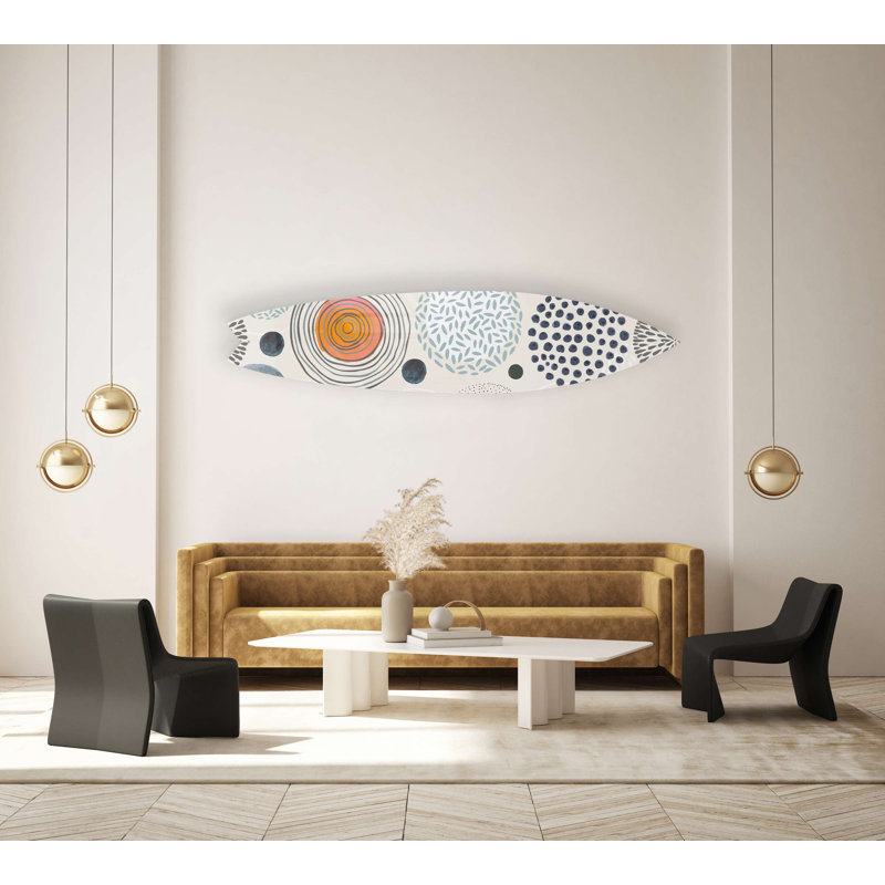 «USA Made Boho Circles», art mural de planche de surf - 70 po x 16 po, reproduction d'art acrylique sans cadre avec entretoises flottantes en aluminium, montage vertical ou horizontal, décor moderne