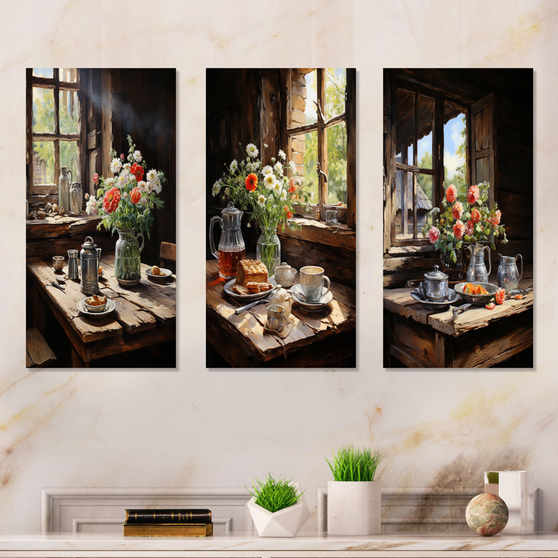 «Rustic Morning» - ensemble de 3 impressions de petit-déjeuner en métal, H 32 po x l 48 po