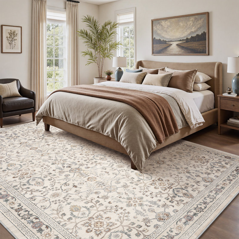 Tapis floral ultra doux beige lavable à la machine, Rectangle 9 pi x 12 pi