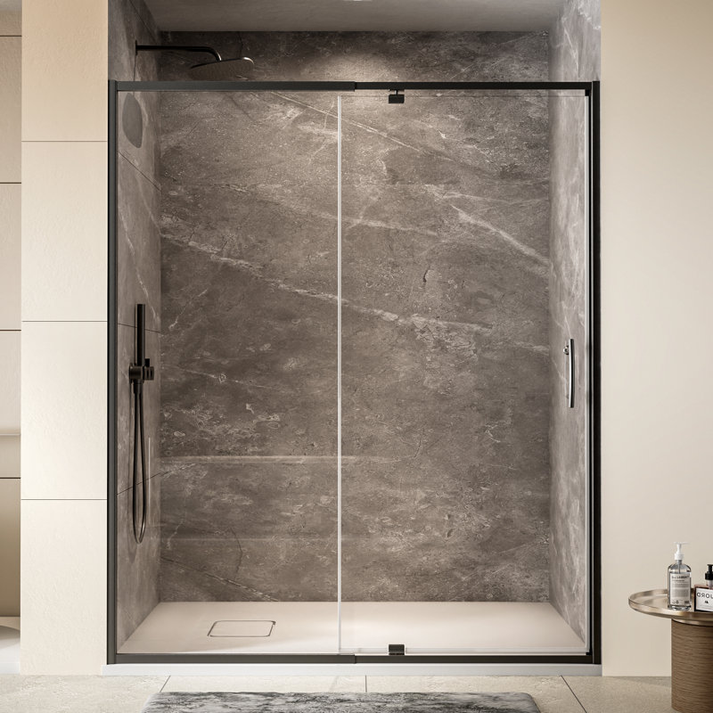 Porte de douche pivotante semi-sans cadre avec verre trempé 1/4 ", L 60 po x H 71 po, Noir mat