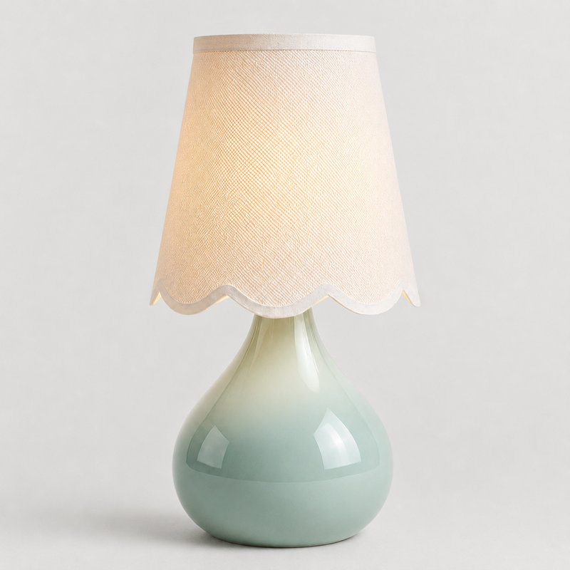 14" Cordless Sage Green Ceramic Bedside Lamp with Scalloped Linen Shade and LED Bulb, Green
