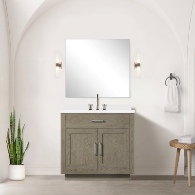 Meuble-lavabo simple en chêne 36 po X P 22 po D, plateau en quartz blanc et ensemble de robinet