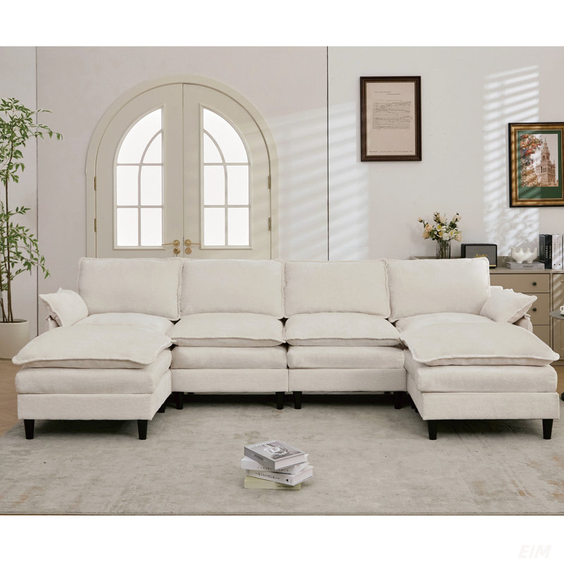 Modular Sofa,U Shaped Cloud Couch Comfy Set ,6-Seater, 2 Armrest Pillows,Convertible Sectional  Couch, Living Room,Apartment, Chenille(2 Movable Ottoman) (Sectional)