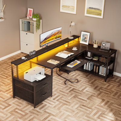 Sholpan LED L-Shaped Desk with Cabinet with Power Outlets