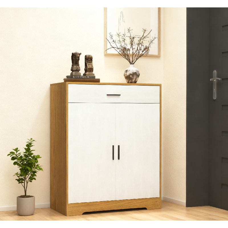 Range-chaussures autoportant en bois avec 2 portes et 1 tiroir, 4 tablettes réglables