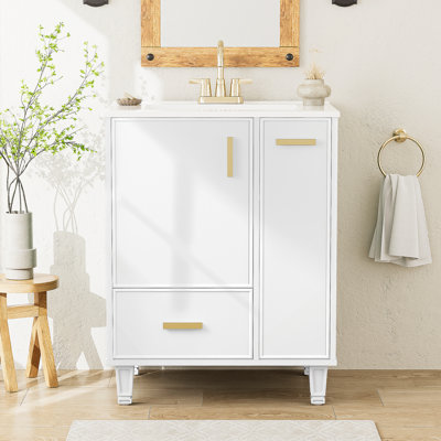 Meuble-lavabo de salle de bain avec lavabo, armoire avec tablette de porte, tiroir profond, panier coulissant à 2 niveaux, structure en bois massif et panneau de qualité, idéal pour le rangement dans la salle de bain