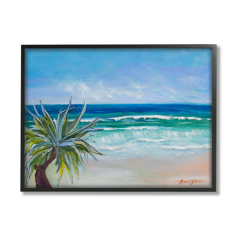 «Incoming Waves Summer Beach Palm Tree», peinture grise surdimensionnée rustique encadrée par estampe numérique, art texturé par Lauren Jane