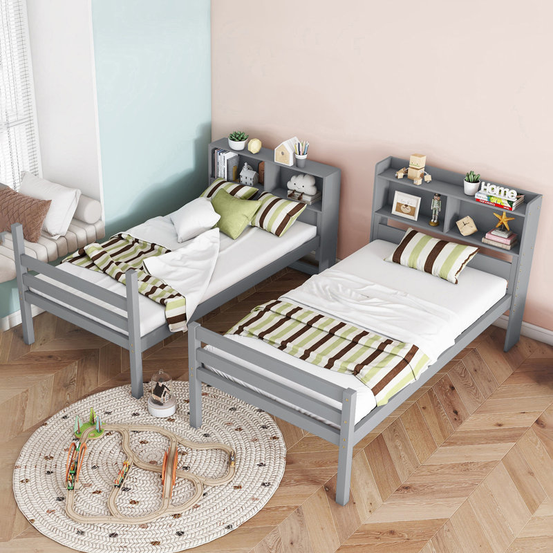 Twin Over Twin Standard Bunk Bed With Bookcase Headboard, Gray