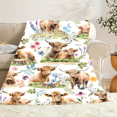 Highland Cattle & Wildflowers Flannel Throw Blanket - Cozy Country Rustic Style with Tear-Resistant Polyester,  for All Seasons, Machine Washable 60x80inch