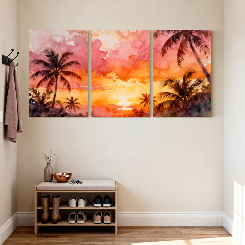 Palmiers, coucher de soleil tropical, palmiers, réflexion, aquarelle, ensemble de 3 impressions sur toile, H 18 po x l 36 po