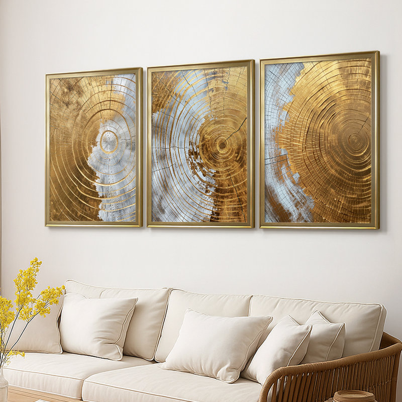 ABSTRACT Series CLIV - Toile tendue avec châssis sur mesure - 3 pièces, H 27 po x l 39 po, Doré