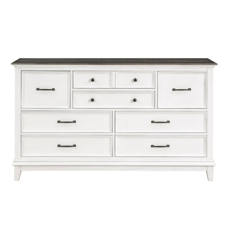Commode Woki de 66 po de largeur, 9 tiroirs, blanc antique et bois massif brun