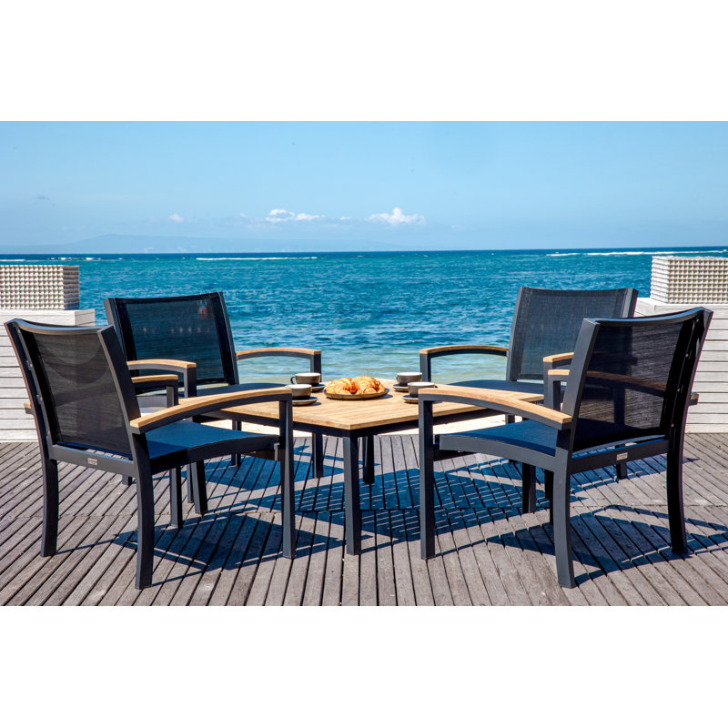 Tribeca Aluminum Teak Sling Stacking Lounge Chair, Black/Brown