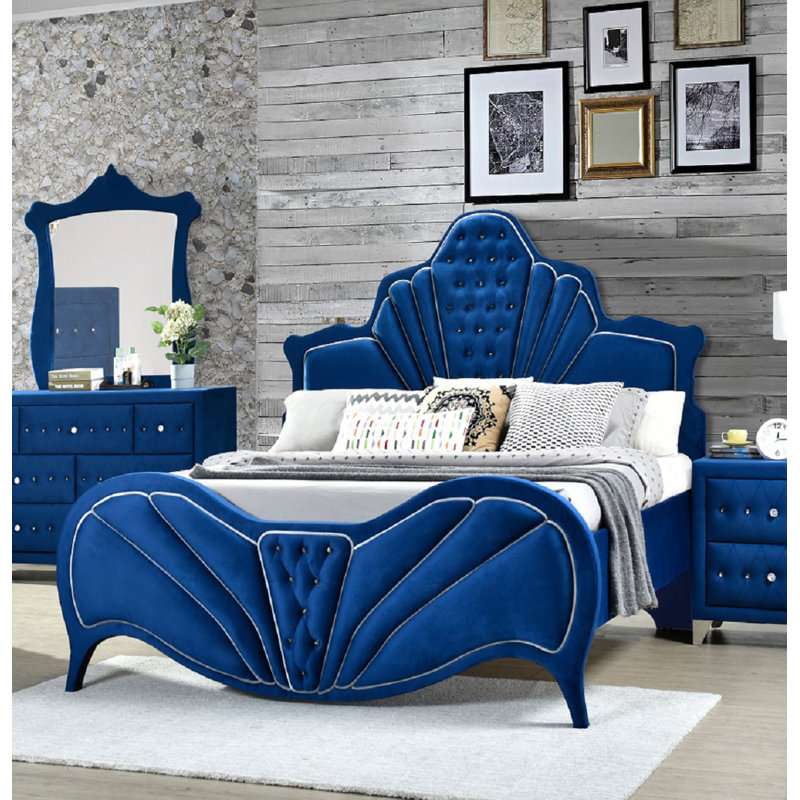 Upholstered Platform Bed, Blue, Queen