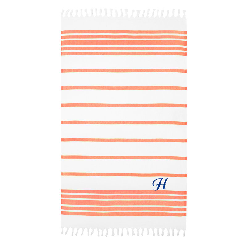 Serviette de plage 100% coton à chevrons, Orange et bleu marine, H