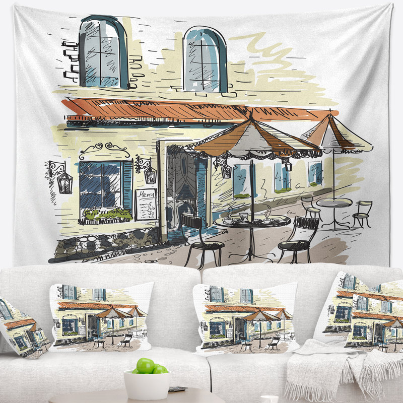 Peinture street café tapisserie, H 32 po x l 39 po