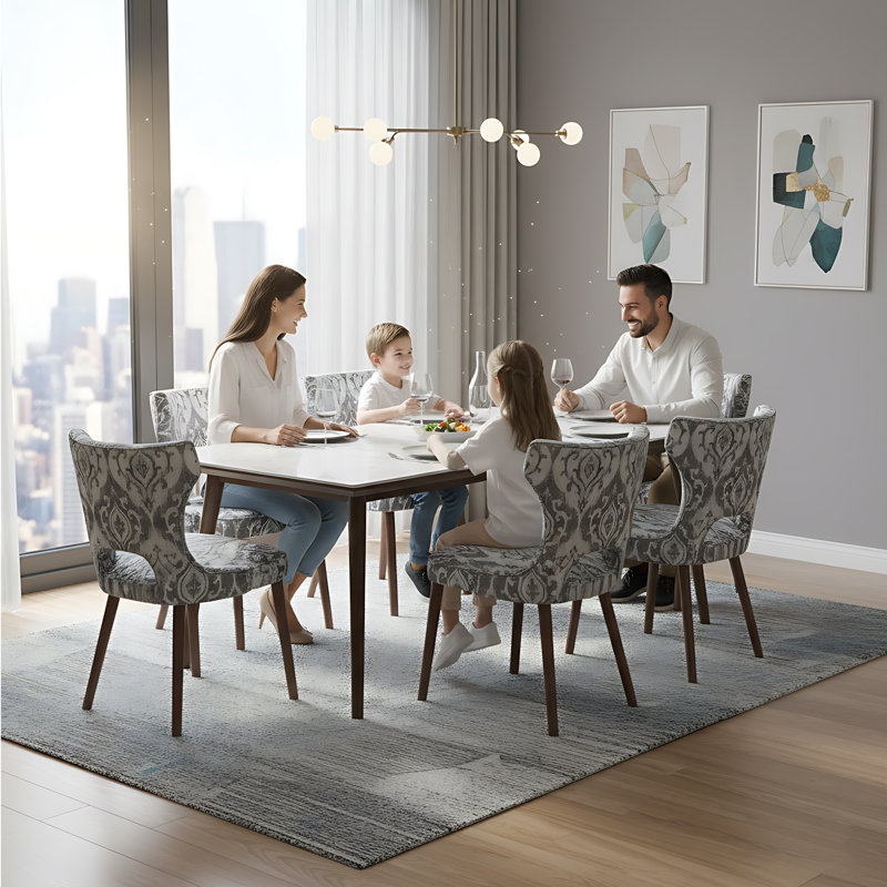 18.3'' Seat Height Modern Upholstered Wingback Dining Chair with Solid Wood Legs, Gray Floral