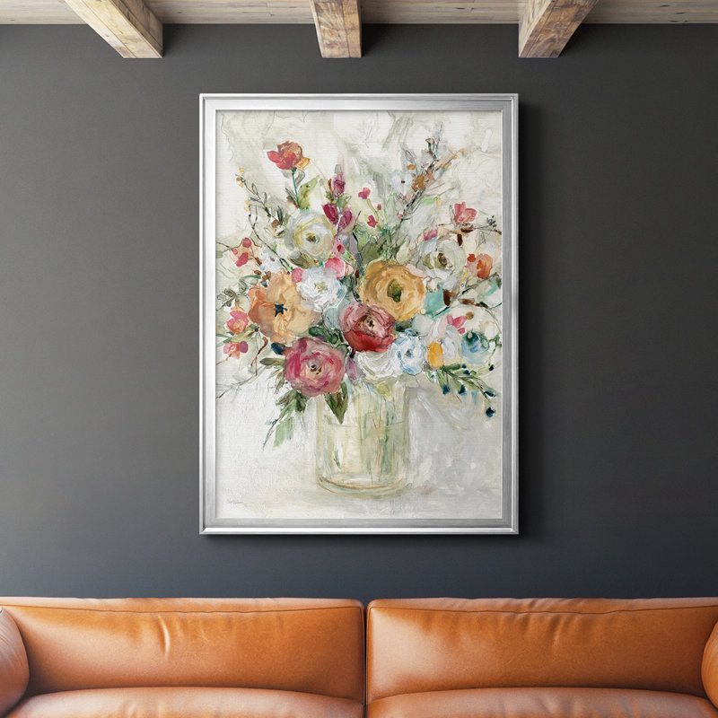 Toile contemporaine encadrée de qualité supérieure avec bouquet contemporain, Argent, H 30,5 po x l 22,5 po