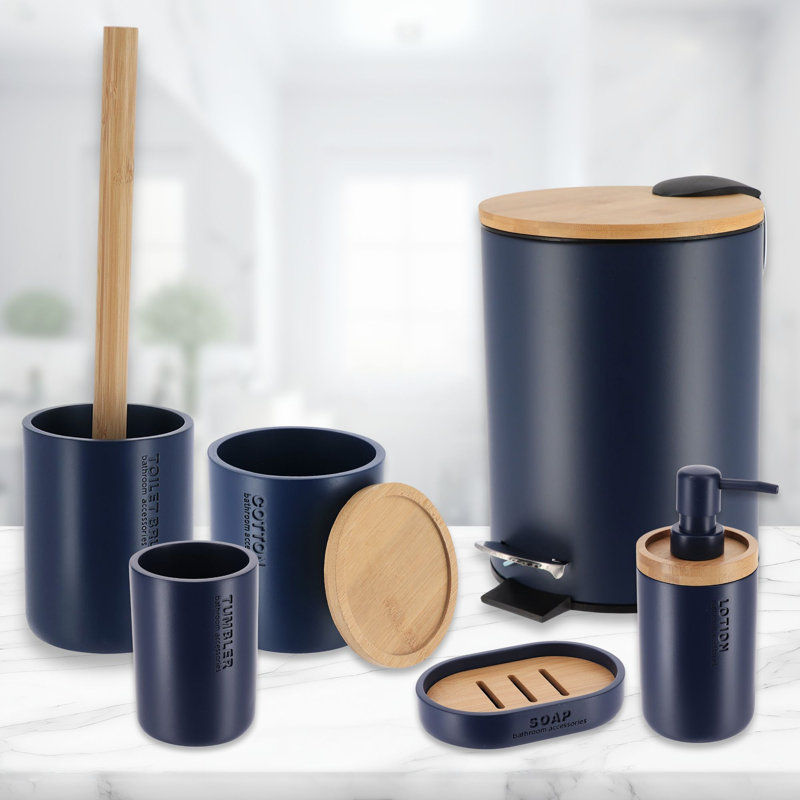 Bathroom Accessories with Natural Accents, Modern 6-piece Set, Navy Blue