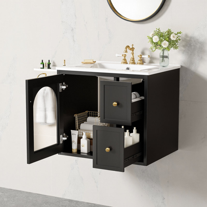 Meuble-lavabo mural 24 po avec lavabo et rangement en céramique, Noir