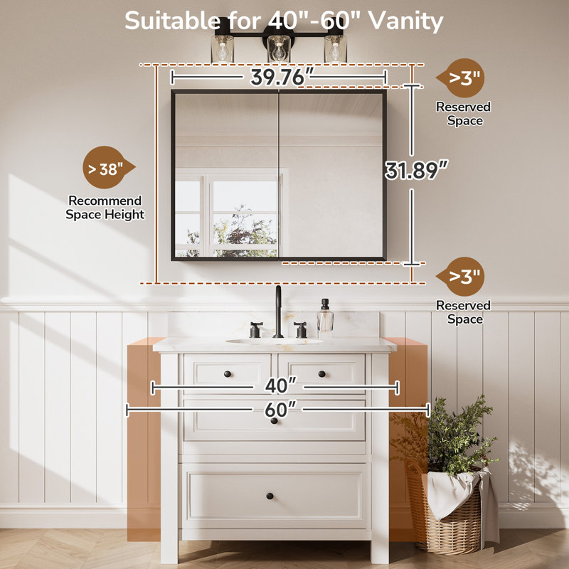 Armoire à pharmacie encastrée ou à surface avec miroir, H 32 po x l 40 po x P 5 po, Noir mat