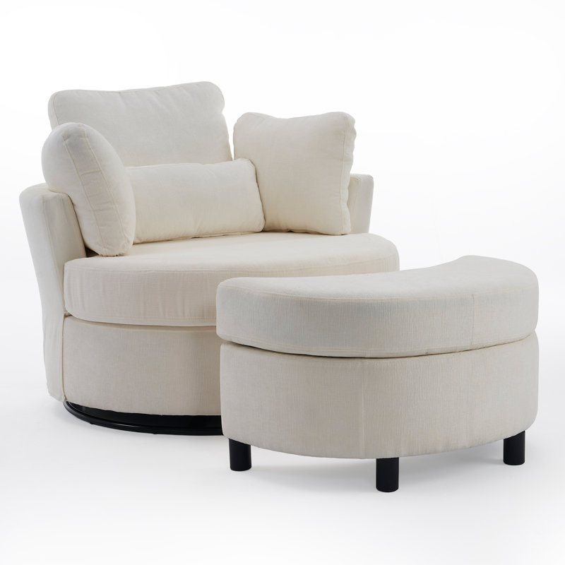 Swivel Armchair with Footstool, Beige Chenille