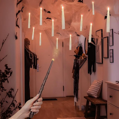 Halloween Decorations - Floating Candles With Wand - 12 Pcs Magic Flickering Warm Light Flameless Floating LED Candle Christmas Decor For Indoor Classroom Bedroom Party