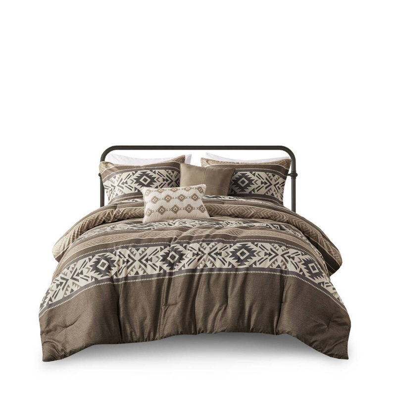 5 Piece Stripe Herringbone Comforter Set with Throw Pillows Brown Full/Queen
